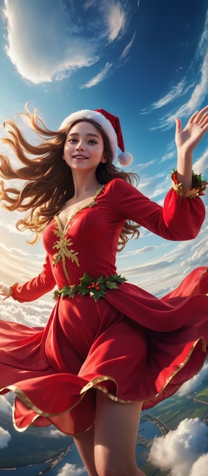 Aerial view, wide-angle photo, Cinematic results, create a artistic artwork portraying of a beautiful woman floating on the planet earth, (Wear red Christmas costume,Wearing red Christmas hat),she has long flowy hair with colorful flowers cascading out of it,  colorful rendition,  ultradetailed face, 8k UHD, professional results ,arcane,ColorART,  sharp focus on face,  wide-angle sky view with wispy clouds ,EpicSky,  golden hour, close-up ,A girl dancing ,