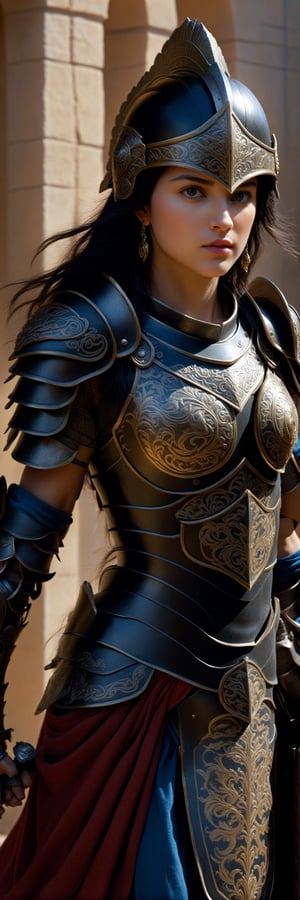 full body, walking pose, famale, caramon from dragonlance, warrior, muscular, with a shield and a sword, ((black hair and helmet)), (armour with intricate pattern), (insanely detailed, bloom), (highest quality, Alessandro Casagrande, Greg Rutkowski, Sally Mann, concept art, 4k), (analog), ((high sharpness)), (detailed pupils), (painting), (digital painting), detailed face and eyes, Masterpiece, best quality, (highly detailed photo), 8k, photorealistic, sharp, (perfect body), realistic, real shadow, 3d, (fighting background)