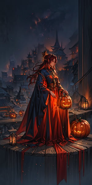 8K, Ultra-HD, Natural Lighting, Moody Lighting, Cinematic Lighting,
detailed,CG,unity,extremely detailed CG,movie style, 
a woman holding a glowing ,Jack O'Lanterns in her hands,  fantasy art, long flowing red hair, a pentagram shield,  lightning mage spell icon, benevolent android necromancer, high priestess tarot card, anime goddess, 