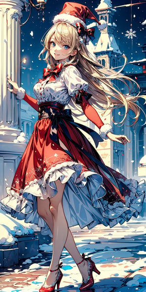 (best quality, masterpiece, illustration, designer, lighting), (extremely detailed CG 8k wallpaper unit), (detailed and expressive eyes), detailed particles, beautiful lighting, a cute girl, long blonde hair, (Wear red Christmas costume,Wearing red Christmas hat),light smile,donning a beautiful red and white dress with ruffles and lace, sheer pink stockings, transparent red crystal shoes, bows around her waist,snow (Alice in Wonderland),  (Pixiv anime style), (Wit studios),(manga style), 