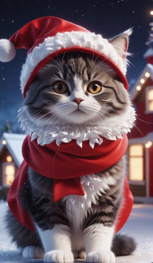 8K, Ultra-HD, Natural Lighting, Moody Lighting, Cinematic Lighting,detailed,CG,unity,extremely detailed CG,
solo,cute cat,A fluffy cat,(Wear red Christmas costume,Wearing red Christmas hat),starry sky ,snow,