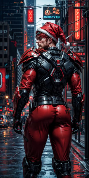 photographic cinematic super super high detailed super realistic image, 4k HDR high quality image, masterpiece,8k , photorealistic,1man,(Wear red Christmas costume,Wearing red Christmas hat),red_hair/red_eyes,beard,undercut,,cyberpunk style, wearing sci-fi goggles, wearing armor,His physique is extremely muscular and imposing, radiating an aura of power.  high detail, octane render, red armor with chrome plating, bright red andbblack back contrast light,dynamic pose, cyberpunk city,
