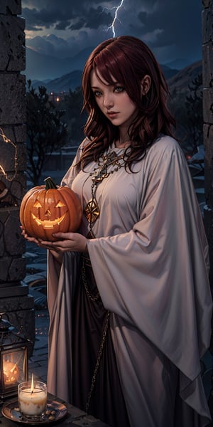 8K, Ultra-HD, Natural Lighting, Moody Lighting, Cinematic Lighting,
detailed,CG,unity,extremely detailed CG,movie style, 
a woman holding a glowing ,Jack O'Lanterns in her hands,  fantasy art, long flowing red hair, a pentagram shield,  lightning mage spell icon, benevolent android necromancer, high priestess tarot card, anime goddess, upper body,r1ge