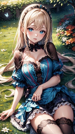 (best quality, masterpiece, illustration, designer, lighting), (extremely detailed CG 8k wallpaper unit), (detailed and expressive eyes), detailed particles, beautiful lighting, a cute girl, long blonde hair, wearing a teddy bear tiara, donning a beautiful blue and white dress with ruffles and lace, sheer pink stockings, transparent aquamarine crystal shoes, bows around her waist (Alice in Wonderland), butterflies around, (Pixiv anime style),(manga style),background, garden, colored flowers,butterflies, flowers, flowers covering her, aerial_view, grass, leaning on flowers, lying down,  looking to viewer, flower background,road of flowers,drow