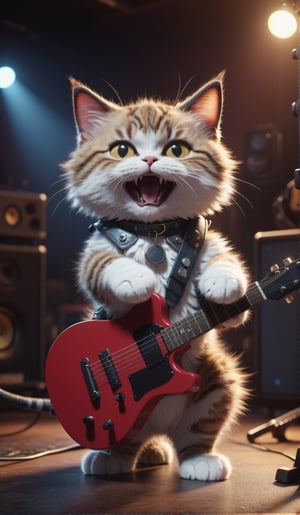 8K, Ultra-HD, Natural Lighting, Moody Lighting, Cinematic Lighting,detailed,CG,unity,extremely detailed CG,
solo,cute cat,A fluffy hardrock cat guitarist, brutally and violently screaming into his microphone, 