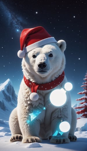 8K, Ultra-HD, Natural Lighting, Moody Lighting, Cinematic Lighting,detailed,CG,unity,extremely detailed CG,
solo,cute polar bear,(Wearing red Christmas hat),Gift,starry sky ,snow,magic, glaciers, a starry night at the North Pole(distant view, full body)