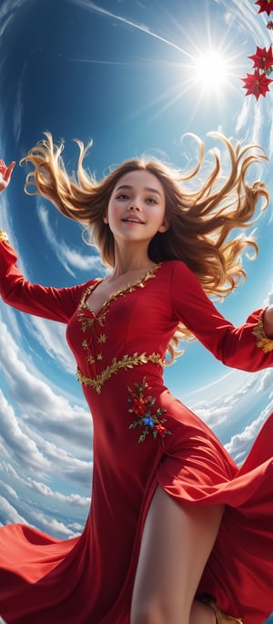 Aerial view, wide-angle photo, Cinematic results, create a artistic artwork portraying of a beautiful woman floating on the planet earth, (Wear red Christmas costume,Wearing red Christmas hat),she has long flowy hair with colorful flowers cascading out of it,  colorful rendition,  ultradetailed face, 8k UHD, professional results ,arcane,ColorART,  sharp focus on face,  wide-angle sky view with wispy clouds ,EpicSky,  golden hour, close-up ,A girl dancing ,