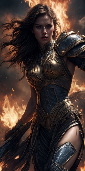 masterpiece, perfect anatomy, 32k UHD resolution, best quality, highly details, realistic photo, professional photography, cinematic angle, cinematic view, cinematic lights, A female gladiator, bronze skin, muscle veins, long brown messy hair, surrounded by flames, dynamic warrior pose,
