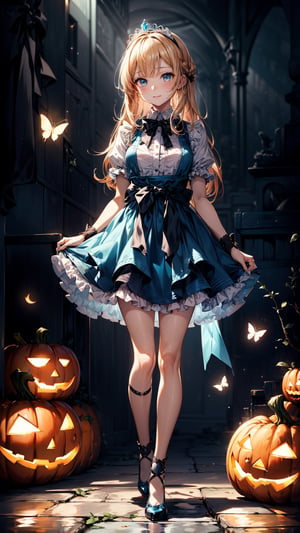 (best quality, masterpiece, illustration, designer, lighting), (extremely detailed CG 8k wallpaper unit), (detailed and expressive eyes), detailed particles, beautiful lighting, a cute girl, long blonde hair, wearing a teddy bear tiara, ((Portable  glowing jack-o'-lantern)),light smile,donning a beautiful blue and white dress with ruffles and lace, sheer pink stockings, transparent aquamarine crystal shoes, bows around her waist (Alice in Wonderland), butterflies around, (Pixiv anime style), (Wit studios),(manga style), 