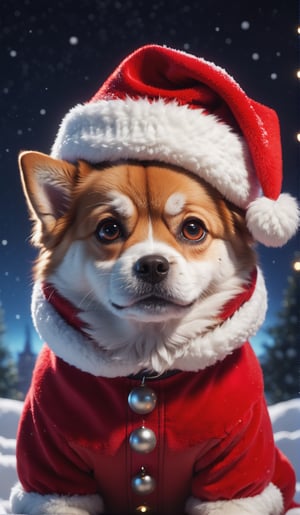 8K, Ultra-HD, Natural Lighting, Moody Lighting, Cinematic Lighting,detailed,CG,unity,extremely detailed CG,
solo,cute dog,A fluffy dog,(Wear red Christmas costume,Wearing red Christmas hat),starry sky ,snow,