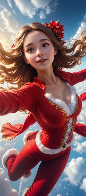 Aerial view, wide-angle photo, Cinematic results, create a artistic artwork portraying of a beautiful woman floating on the planet earth, (Wear red Christmas costume,Wearing red Christmas hat),she has long flowy hair with colorful flowers cascading out of it,  colorful rendition,  ultradetailed face, 8k UHD, professional results ,arcane,ColorART,  sharp focus on face,  wide-angle sky view with wispy clouds ,EpicSky,  golden hour, close-up ,A girl dancing ,