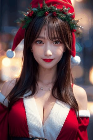 8k, RAW photo, best quality, masterpiece), (realistic, photo-realistic)(best quality, masterpiece, intricate details:1.1),photorealistic,solo,woman,SIGMA 50mm F1.4,looking at viewer,light smile,medium hair,glamor,tall,necklace,Beautiful big breasts, Gloss on lips, Parted lips, Staring at me, Nose, Realistic, depth of field, face light,(Wear red Christmas costume,Wearing red Christmas hat),snowflakes,snowfield,