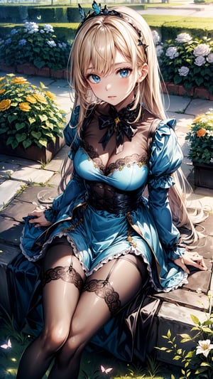 (best quality, masterpiece, illustration, designer, lighting), (extremely detailed CG 8k wallpaper unit), (detailed and expressive eyes), detailed particles, beautiful lighting, a cute girl, long blonde hair, wearing a teddy bear tiara, donning a beautiful blue and white dress with ruffles and lace, sheer pink stockings, transparent aquamarine crystal shoes, bows around her waist (Alice in Wonderland), butterflies around, (Pixiv anime style),(manga style),background, garden, colored flowers,butterflies, flowers, flowers covering her, (aerial view), grass, leaning on flowers, sitting,  looking to viewer, flower background,road of flowers,drow