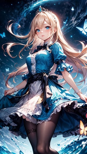 (best quality, masterpiece, illustration, designer, lighting), (extremely detailed CG 8k wallpaper unit), (detailed and expressive eyes), detailed particles, beautiful lighting, a cute girl, long blonde hair, wearing a teddy bear tiara, donning a beautiful blue and white dress with ruffles and lace, sheer pink stockings, transparent aquamarine crystal shoes, bows around her waist (Alice in Wonderland), butterflies around, (Pixiv anime style),(manga style), ((floating in sky)), flowy dress, floating, bubble, dark blue background,Hair with scenery, starry sky,dynamic pose,