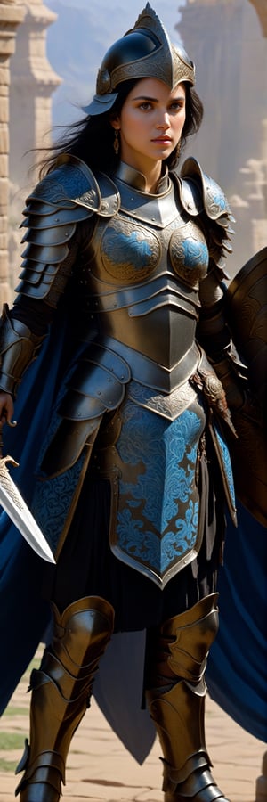 full body, walking pose, famale, caramon from dragonlance, warrior, muscular, with a shield and a sword, ((black hair and helmet)), (armour with intricate pattern), (insanely detailed, bloom), (highest quality, Alessandro Casagrande, Greg Rutkowski, Sally Mann, concept art, 4k), (analog), ((high sharpness)), (detailed pupils), (painting), (digital painting), detailed face and eyes, Masterpiece, best quality, (highly detailed photo), 8k, photorealistic, sharp, (perfect body), realistic, real shadow, 3d, (fighting background)