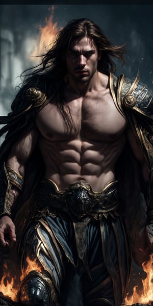 masterpiece, perfect anatomy, 32k UHD resolution, best quality, highly details, realistic photo, professional photography, cinematic angle, cinematic view, cinematic lights, A male gladiator, bronze skin, muscle veins, short brown messy hair, surrounded by flames, dynamic warrior pose,