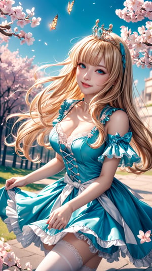 (best quality, masterpiece, illustration, designer, lighting), (extremely detailed CG 8k wallpaper unit), (detailed and expressive eyes), detailed particles, beautiful lighting, a cute girl, long blonde hair, wearing a teddy bear tiara, donning a beautiful blue and white dress with ruffles and lace, sheer pink stockings, transparent aquamarine crystal shoes, bows around her waist (Alice in Wonderland), butterflies around, (Pixiv anime style),(manga style), ((floating in sky)), flowy dress, ((cherry blossoms falling around her)), colorful, sky, stars, celestial body, atmosphere, (dreamy world:1.4),cinematic shot, low angle shot, High contrast, smooth,Detailedface,perfecteyes,light smile,