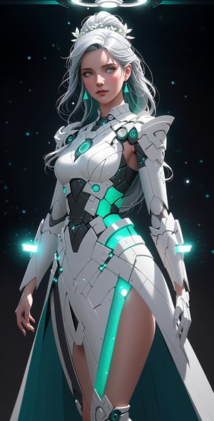 Realistic Photograph of a greek goddess girl, sci-fi, shot, centered, blue green color gel lighting, geometric shadows, glowing lights, symmetry, depth of field, intricate, elegant, highly detailed, digital painting, artstation, concept art, silver and white futuristic costume, smooth, sharp focus, illustration, as imagined by greg rutkowski and borris vallejo