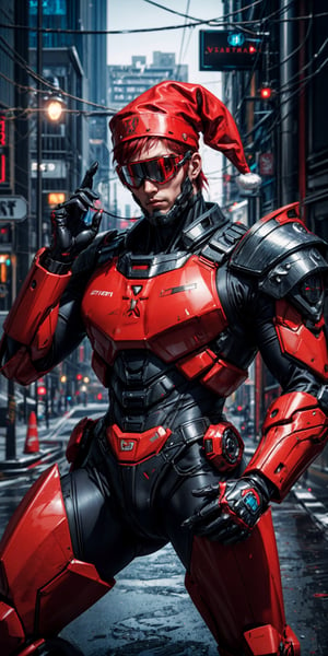 photographic cinematic super super high detailed super realistic image, 4k HDR high quality image, masterpiece,8k , photorealistic,1man,(Wear red Christmas costume,Wearing red Christmas hat),red_hair/red_eyes,beard,undercut,,cyberpunk style, wearing sci-fi goggles, wearing armor,His physique is extremely muscular and imposing, radiating an aura of power.  high detail, octane render, red armor with chrome plating, bright red andbblack back contrast light,dynamic pose, ,mecha musume, upper_body