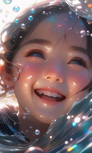 a Girl, laughing, Colorful colors, surrounded by water bubbles, in the style of Kawacy, Masterpiece, Oil painting drawn in anime style, head close - up, exaggerated perspective, Tyndall effect, water drops, mother - of - pearl iridescence, Holographic white, 