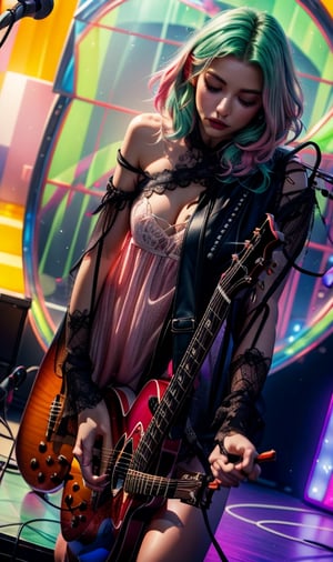 Masterpiece, best quality, stunning, textures, breathtaking beauty, pure perfection, divine presence, auras, rays, vivid color reflects, bare_shoulder, bare_torso, guitarist playing guitar on stage wearing a white see through dress, medium_breast, pink and green hair