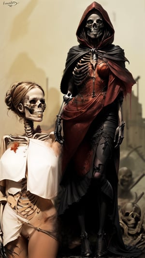 A beautiful girl, Faceless, revealing a portion of the Skeleton, rendered in a hyper-realistic style with a sinister atmosphere, Without any other character in the background, RedHoodWaifu.