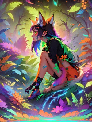 (masterpiece:1.1), (highest quality:1.1), (HDR:1.0), extreme quality, cg, (negative space), detailed face+eyes, 1girl, fox ears, animal ear fluff, (plants:1.18), (fractal art), (bright colors), splashes of color background, colors mashing, paint splatter, complimentary colors, neon, (thunder tiger), compassionate, electric, limited palette, synthwave, fine art, tan skin, upper body, (green and orange:1.2), time stop, sy3, SMM,dfdd,lofi,2d_animated