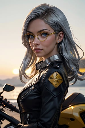 (masterpiece), (extremely intricate:1.3), (realistic), portrait of a woman, the most beautiful in the world, blue eyes, very high quality model, perfect lips, perfect nose, perfect eyes, (biker leather), (((blond hair strait))), ((eyesglasses)), outdoors, intense sunlight, sharp focus, dramatic,cinematic lighting, volumetrics dtx, (film grain), blurry background, blurry foreground, bokeh, depth of field, sunset, Perfectchainmail,((confident)), (cinematic, yellow and silver:1.4),yhmotorbike,