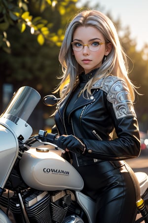 (masterpiece), (extremely intricate:1.3), (realistic), portrait of a woman, the most beautiful in the world, blue eyes, very high quality model, perfect lips, perfect nose, perfect eyes, (biker leather), (((blond hair strait))), ((eyesglasses)), outdoors, intense sunlight, sharp focus, dramatic,cinematic lighting, volumetrics dtx, (film grain), blurry background, blurry foreground, bokeh, depth of field, sunset, Perfectchainmail,((confident)), (cinematic, yellow and silver:1.4),yhmotorbike,