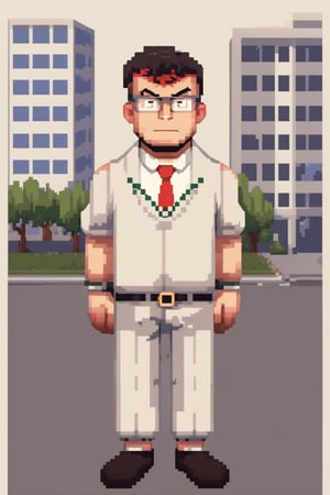 Pixel style image of full body tenxiida character, serious male, wearing glasses, in a school uniform, background of city buildings