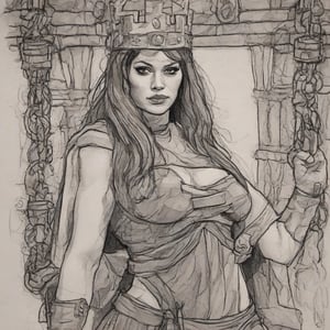 close up sketch drawing of a woman wearing qxcocxcr cosplay, in a dungeon tied by chains, heavy metal chains