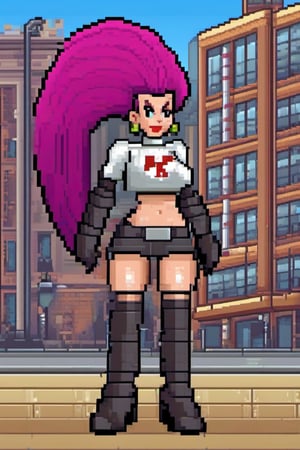 fully body pixel art style image of pkjes character, pixel art style, in a city