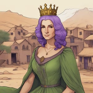 close up of sketch George Washington with purple hair wearing a crown in a green dress, in a desert village