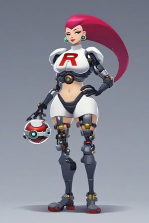 fully body, flat design image of cyborg style pkjes character from pokemon dressed as cyborg, holding a pokeball, cyborg, flat design