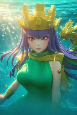 close up anime style image of a woman wearing qxcocxcr cosplay, in a pool, underwater, shining sun in the background