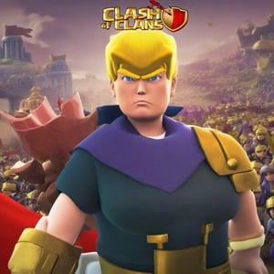 close up anime style picture of Donald Trump wearing qxcocxcr cosplay, Clash of Clans text