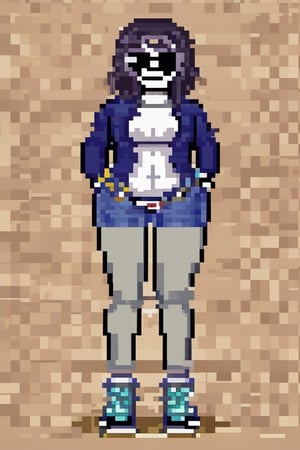 full body pixel style image of ttrvn character wearing casual clothing on a beach, pixel art style, casual clothes