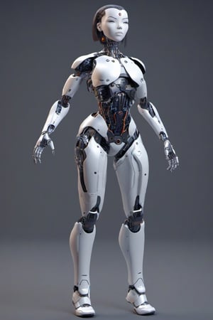 full body 3d model of cyborg ttrvn character, hands out of scene, cyborg, 3d model style, robotic body, perfect anatomy, cyborg style
