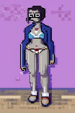 full body pixel style image of ttrvn character wearing casual clothing on a beach, pixel art style, casual clothes, perfect anatomy