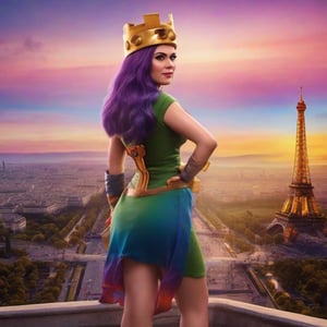 close up of a realistic woman wearing qxcocxcr cosplay, Eiffel Tower and beautiful rainbow in the background