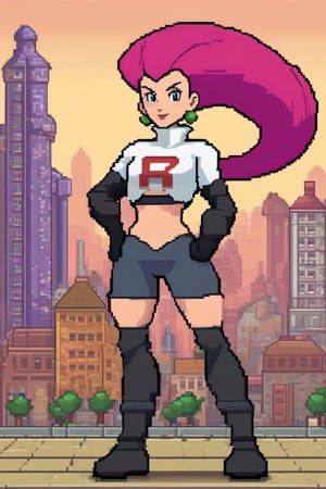 fully body, pixel art style image of pkjes character from pokemon, wearing casual clothing, pixel art style, background of city buildings, tall