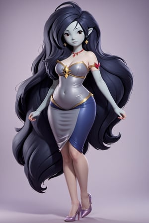 Upper body view, 3d style image of Marceline from Adventure Time, wearing a princess cosplay, big boobs, background of a magical forest, grey skin color