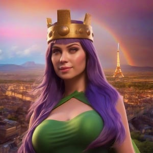 close up of a realistic woman wearing qxcocxcr cosplay, Eiffel Tower and beautiful rainbow in the background