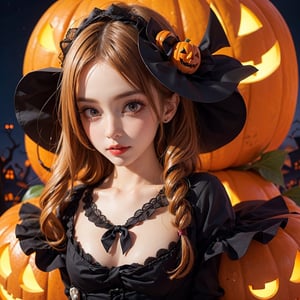 masterpiece, high quality, 1girl, halloween style, jack-o-lantern, complex_background, detail eyes and skin, lolita style, full_body, naughty_face