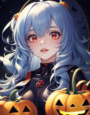 masterpiece, high quality, 1girl, halloween style, jack-o-lantern, complex_background, detail eyes and skin, lolita style, full_body, naughty_face, clean face, cleavage cutout, blue hair, red_eye, look away, side face, big moon, rei, evangelion, fire 