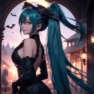 Hatsune Miku, hatsune miku, solo, bangs, hair between eyes, blue hair 
(masterpiece, best quality, highres:1.3), ultra resolution image, (hatsune miku), (solo), (mascara, eyelashes), large breast, petite body, niji, Halloween girl, Halloween cosplay, blood on mouth, naughty smile, terror, embarassed, bloodborne, viewed_from_behind, from_behind, seen from below,Hair over eyes, castle,big moon, gotou1