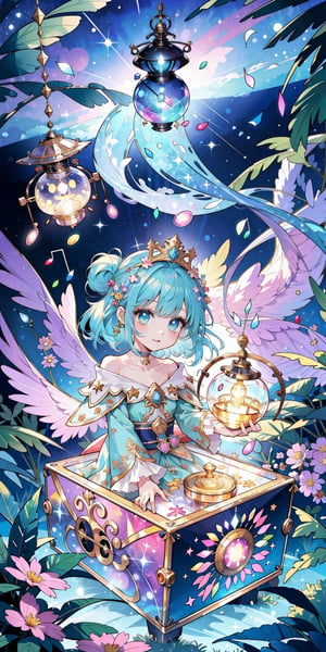 (masterpiece, best quality, highres:1.3), ultra resolution image, (1girl), (solo), kawaii, galaxy hair, nebula sky, sweet, celestial dragon, cosmic citadel, lantern softly glowing, fantasy, dreamy, joyful energy, gentle, dreamy, cozy, charm of childhood, (nature music box:1.5), tiny flower crown, delight, innocent, liveliness, nature accessories, starlit meadow, gentle breeze