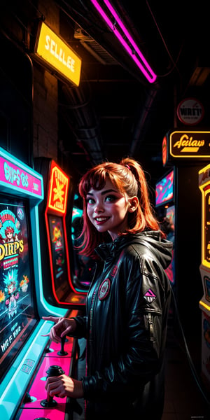 Obscured within the Intergalactic Arcade of Blips and Chitz, Sweltering Heat Pervades, Emerging from the Neon Lights, Eyes Glowing with Excitement, Extra Eyes Fixated on High Scores, Drenched in Fun, Arcade Alien, Glowing Wings, Joyful Expression, Outfitted in Retro Gaming Gear