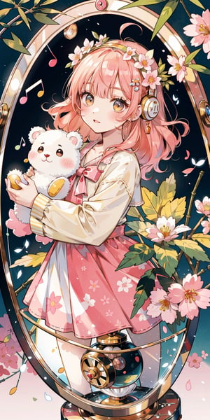 (masterpiece, best quality, highres:1.3), ultra resolution image, (1girl), (solo), kawaii, blush hair, cherry blossom grove, sweet, cuddly bear, serene pond, lantern softly glowing, fantasy, dreamy, joyful energy, gentle, dreamy, cozy, charm of childhood, (nature music box:1.5), tiny flower crown, delight, innocent, liveliness, nature accessories, bamboo forest, gentle breeze