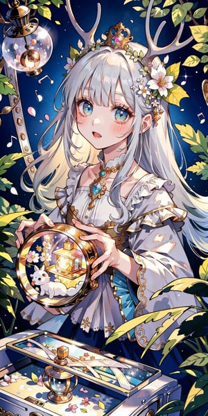 (masterpiece, best quality, highres:1.3), ultra resolution image, (1girl), (solo), kawaii, silver hair, crystal cavern, sweet, plush deer, whimsical nook, lantern softly glowing, fantasy, dreamy, joyful energy, gentle, dreamy, cozy, charm of childhood, (nature music box:1.5), tiny flower crown, delight, innocent, liveliness, nature accessories, desert oasis, gentle breeze